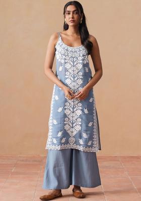 Blue Embroidered Cotton Straight Kurta Sets