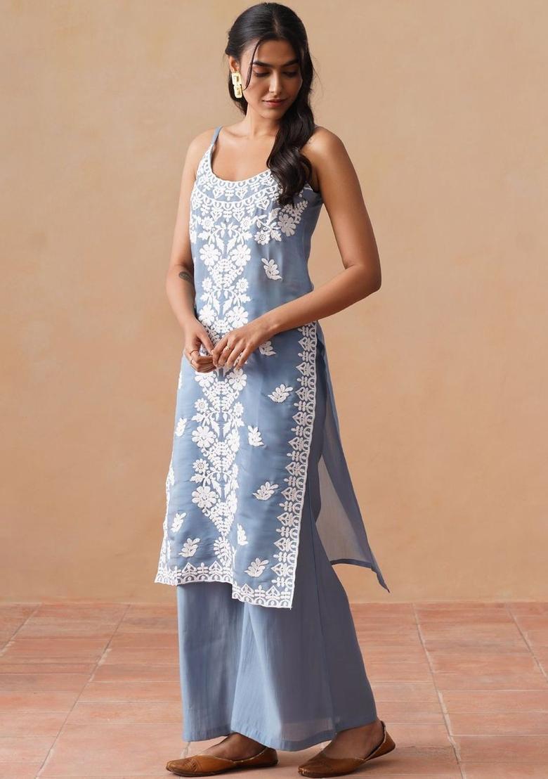 Blue Embroidered Cotton Straight Kurta Sets - Indya
