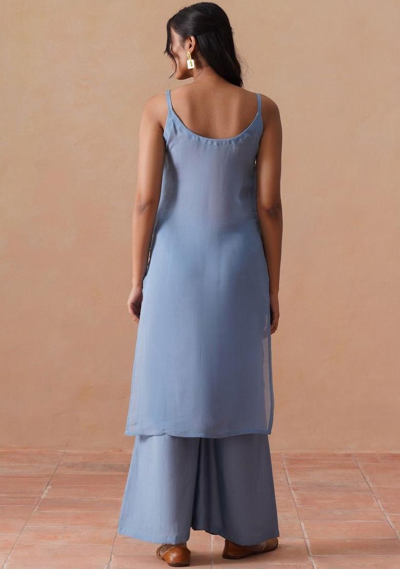 Blue Embroidered Cotton Straight Kurta Sets - Indya