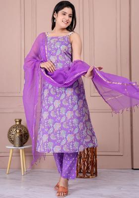 Purple Printed Cotton Straight Kurta Sets