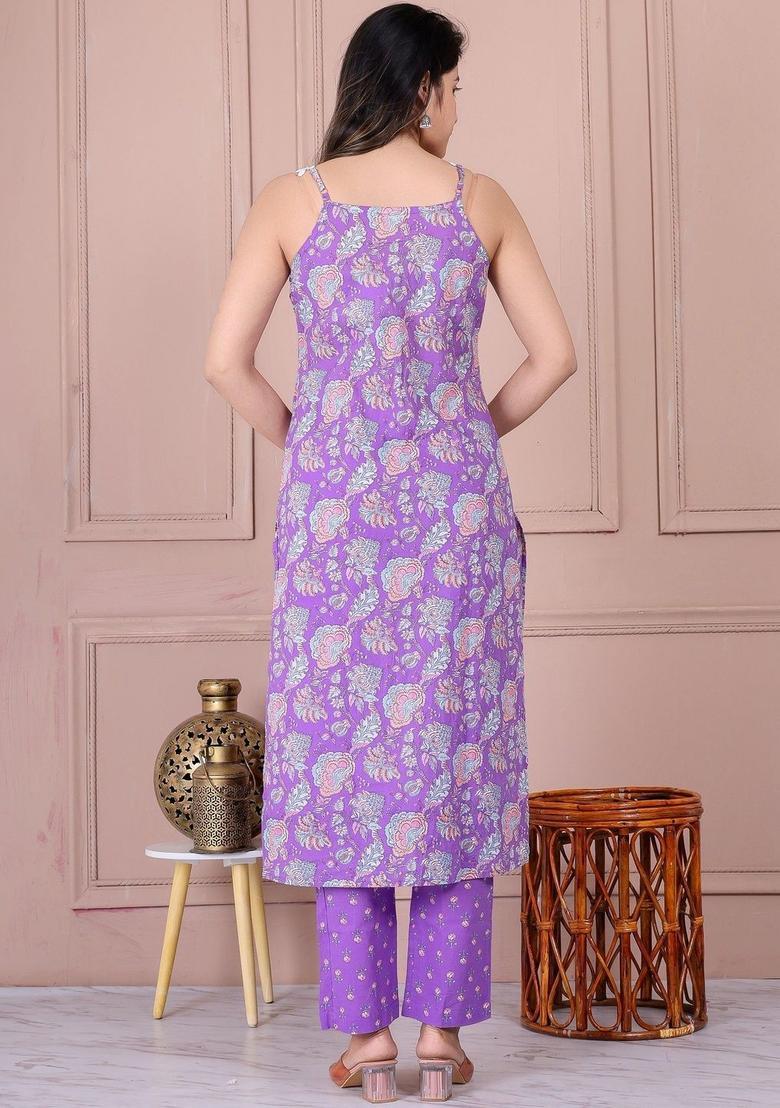 Purple Printed Cotton Straight Kurta Sets - Indya