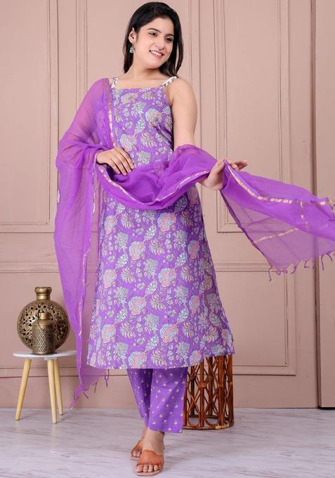 Purple Printed Cotton Straight Kurta Sets — view on Indya