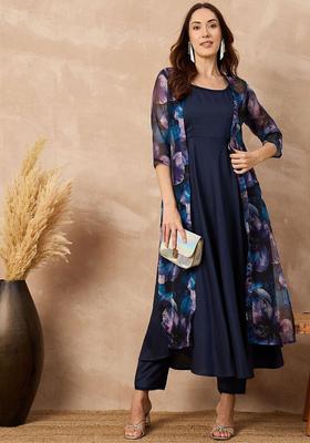 Blue Solid Silk A Line Kurta Sets