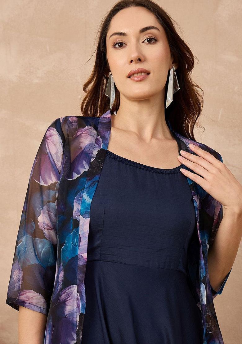 Blue Solid Silk A Line Kurta Sets - Indya