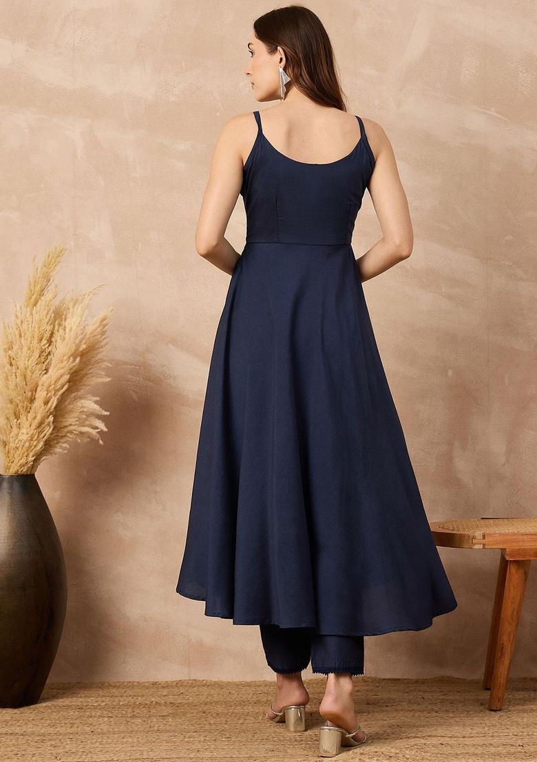 Blue Solid Silk A Line Kurta Sets - Indya