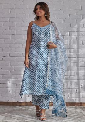 White Printed Cotton A Line Kurta Sets