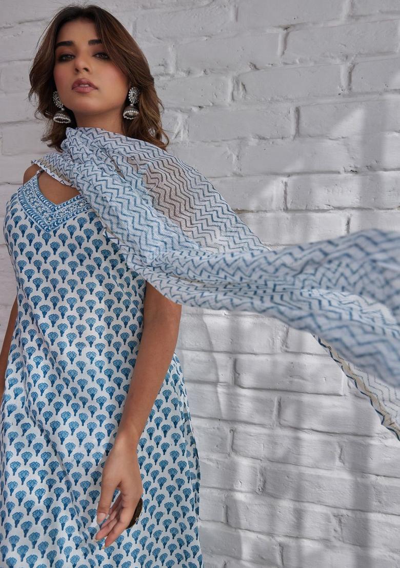White Printed Cotton A Line Kurta Sets - Indya