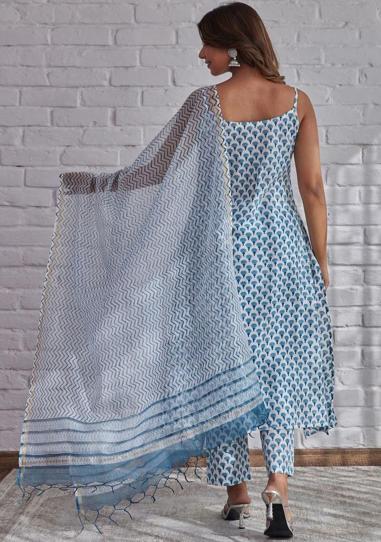 White Printed Cotton A Line Kurta Sets - Indya