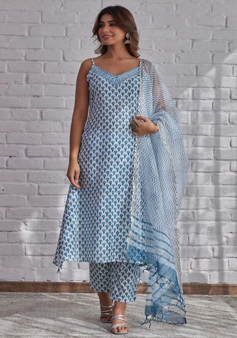 White Printed Cotton A Line Kurta Sets — view on Indya