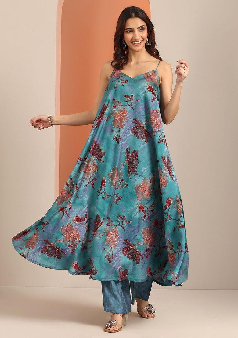 Blue Printed Silk A Line Kurta Sets - Indya
