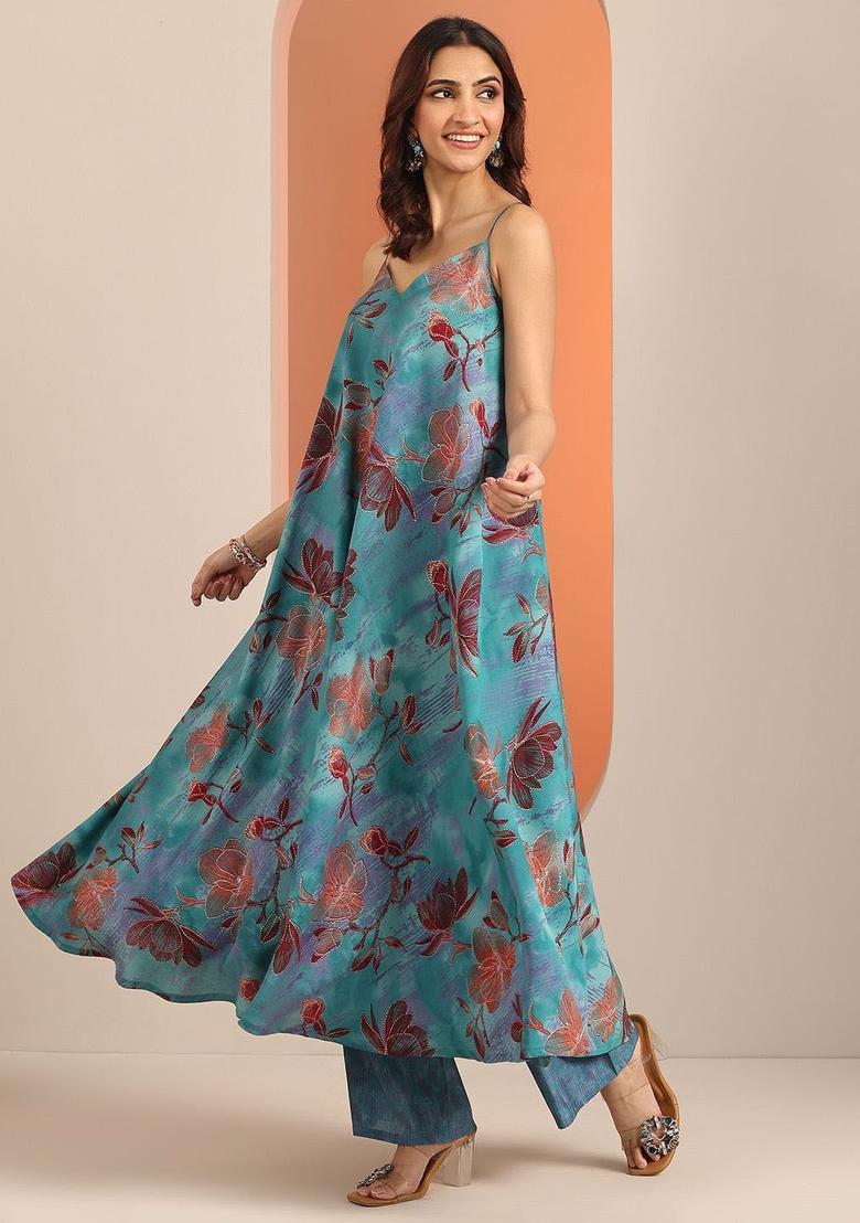 Blue Printed Silk A Line Kurta Sets - Indya