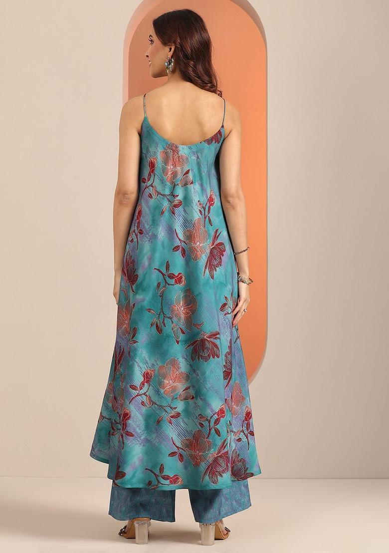Blue Printed Silk A Line Kurta Sets - Indya