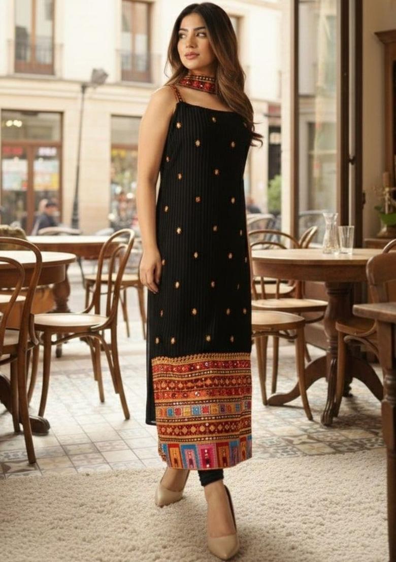 Black Embroidered Georgette Straight Kurta Sets - Indya