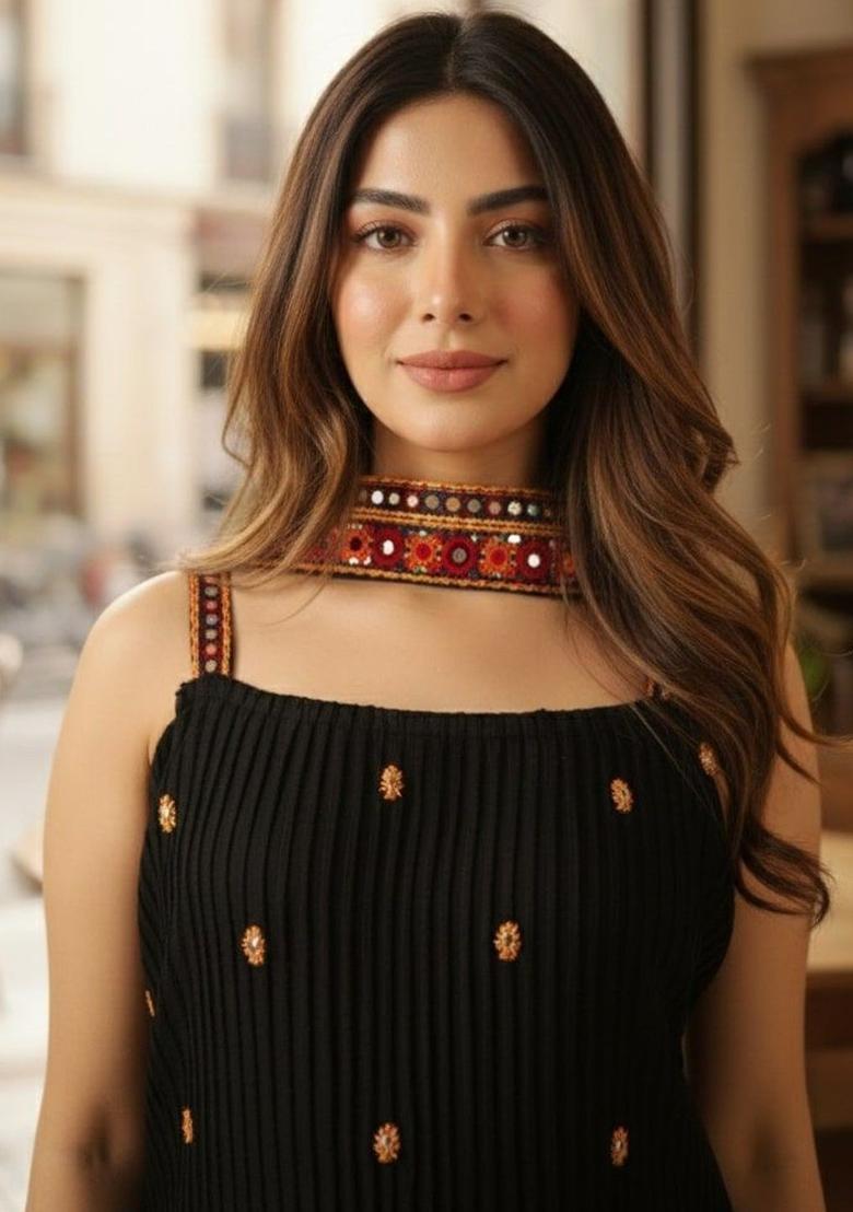 Black Embroidered Georgette Straight Kurta Sets - Indya