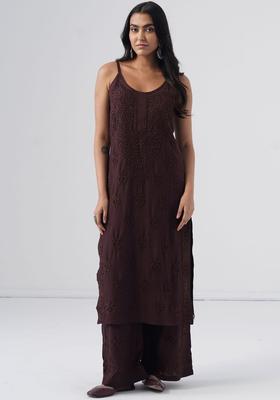 Brown Embroidered Viscose Straight Kurta Sets