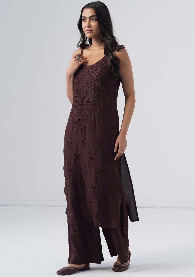 Brown Embroidered Viscose Straight Kurta Sets - Indya