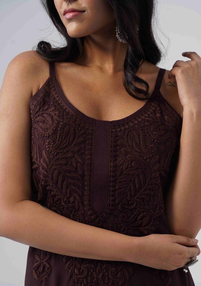 Brown Embroidered Viscose Straight Kurta Sets - Indya