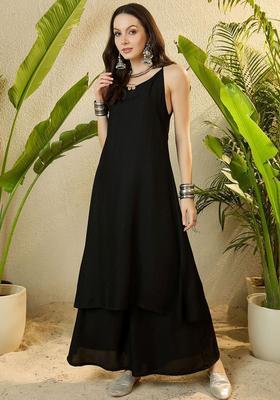 Black Solid Viscose A Line Kurta Sets