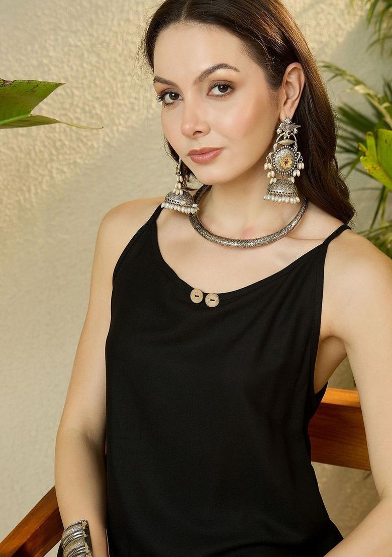 Black Solid Viscose A Line Kurta Sets - Indya