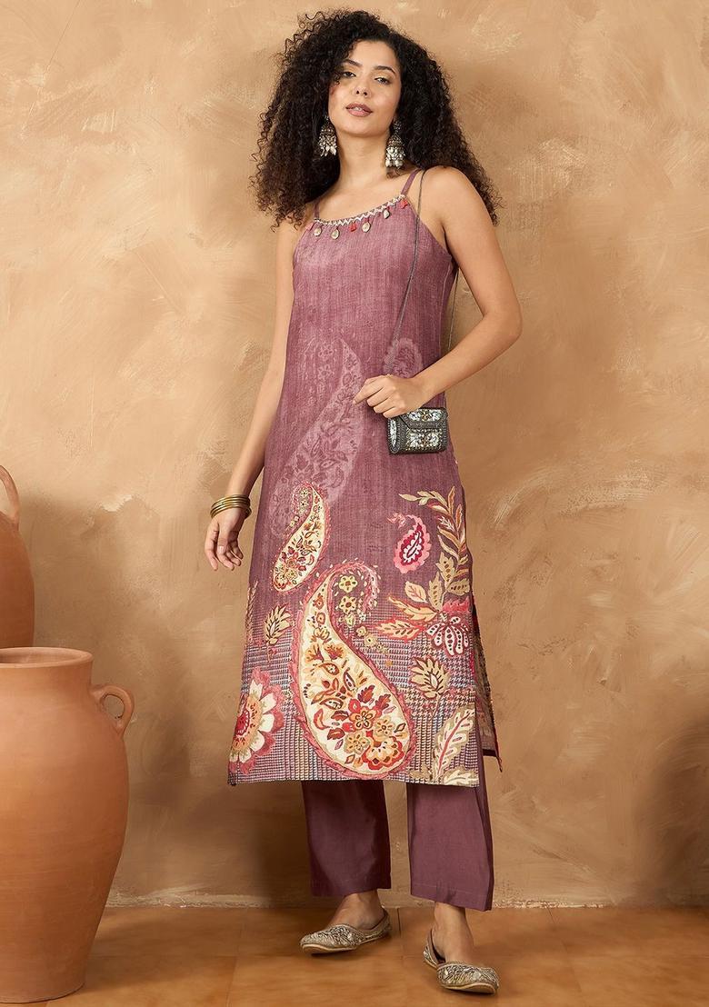 Mauve Printed Silk Straight Kurta Sets - Indya