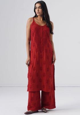 Red Embroidered Viscose Straight Kurta Sets