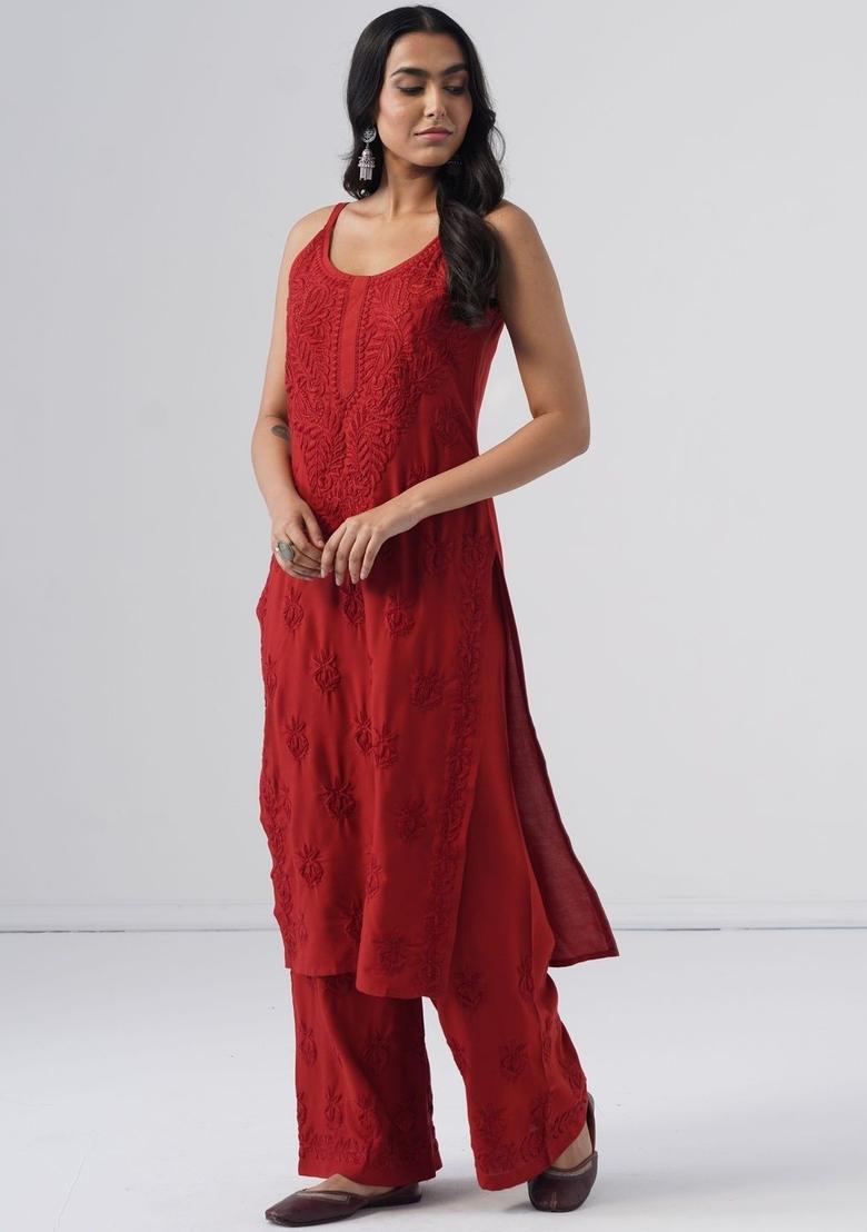 Red Embroidered Viscose Straight Kurta Sets - Indya