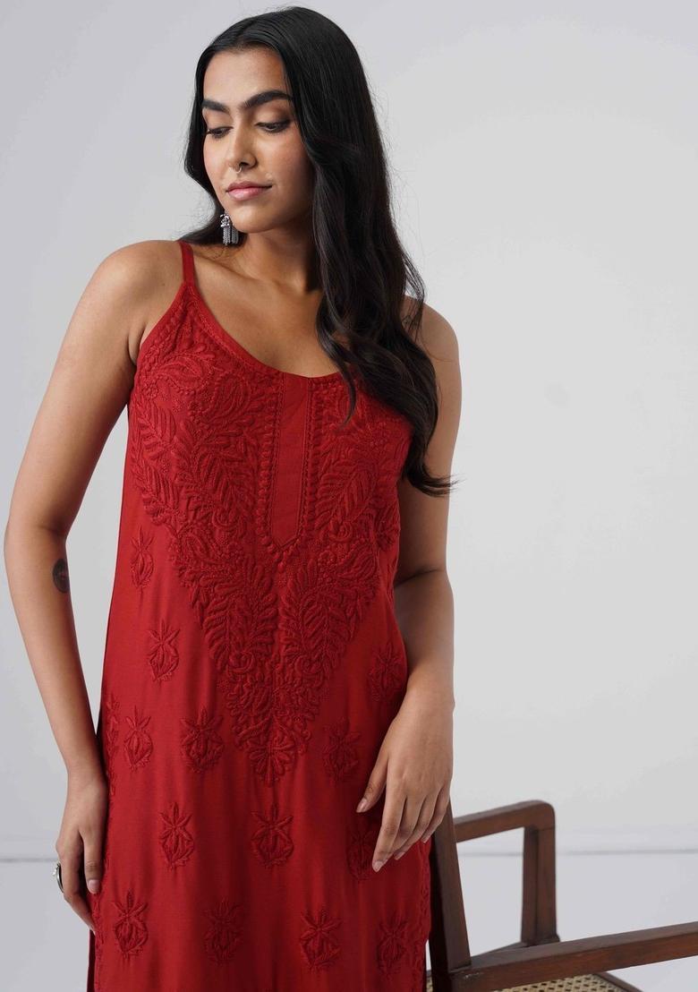 Red Embroidered Viscose Straight Kurta Sets - Indya