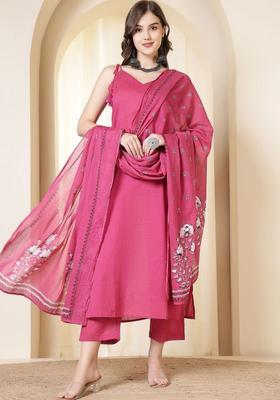 Pink Solid Cotton Straight Kurta Sets