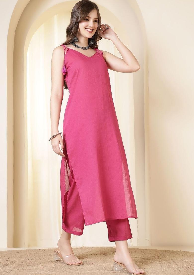Pink Solid Cotton Straight Kurta Sets - Indya