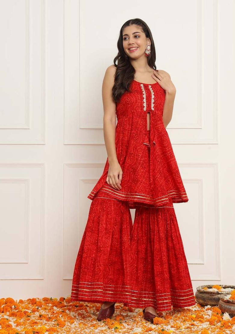 Red Printed Cotton A Line Kurta Sets - Indya