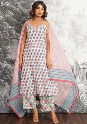 White Printed Cotton Straight Kurta Sets