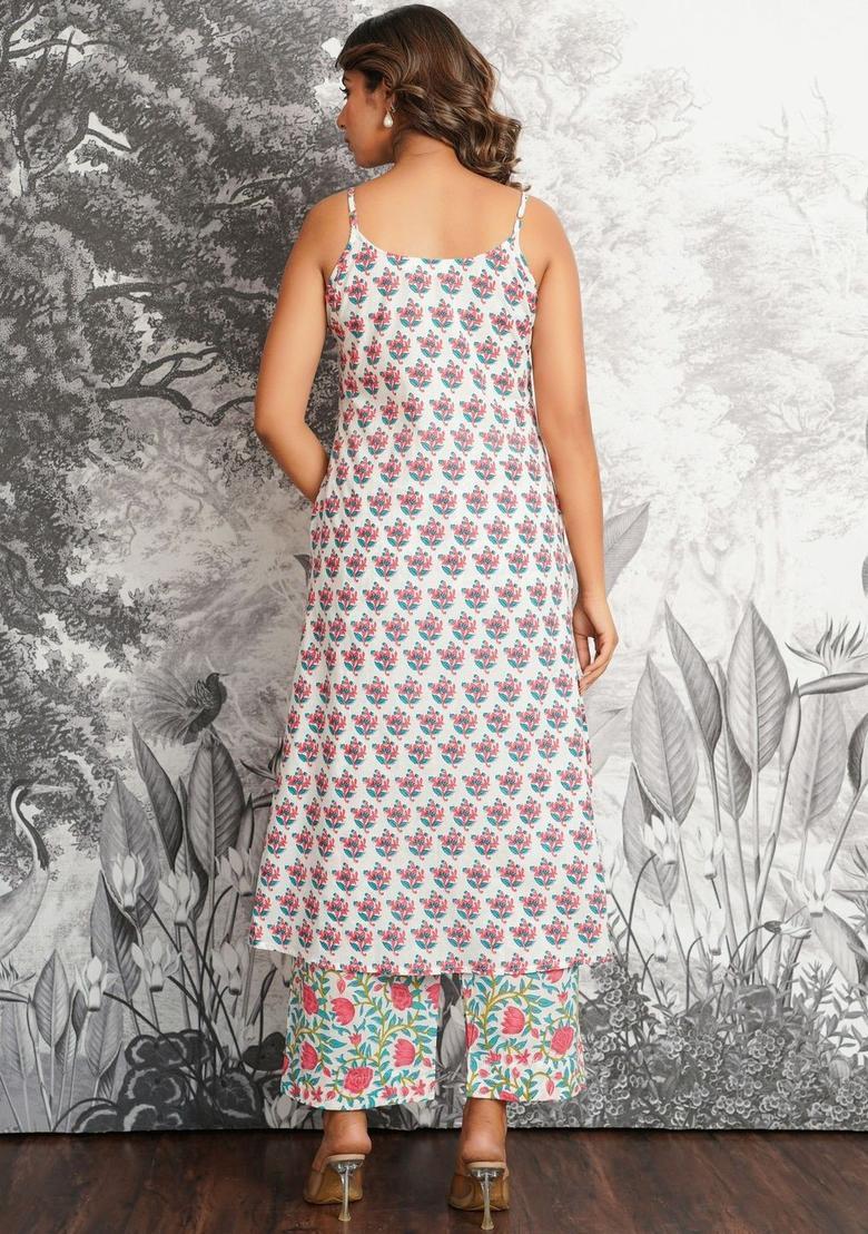 White Printed Cotton Straight Kurta Sets - Indya