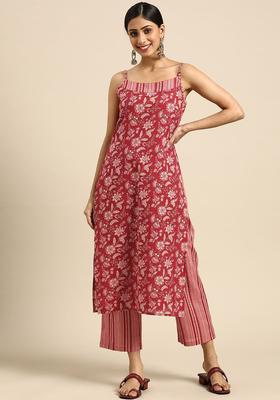 Red Printed Cotton Straight Kurta Sets