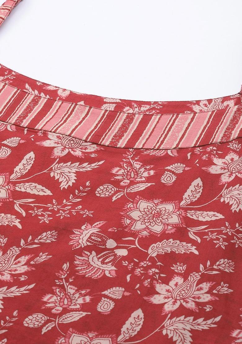 Red Printed Cotton Straight Kurta Sets - Indya