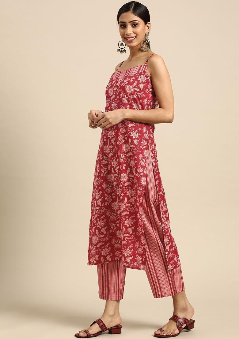 Red Printed Cotton Straight Kurta Sets - Indya