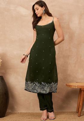 Olive Embroidered Silk Straight Kurta Sets