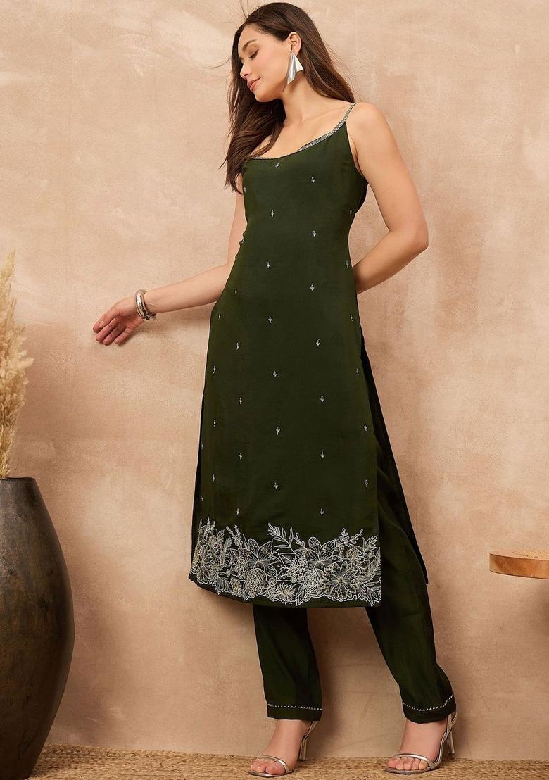 Olive Embroidered Silk Straight Kurta Sets - Indya