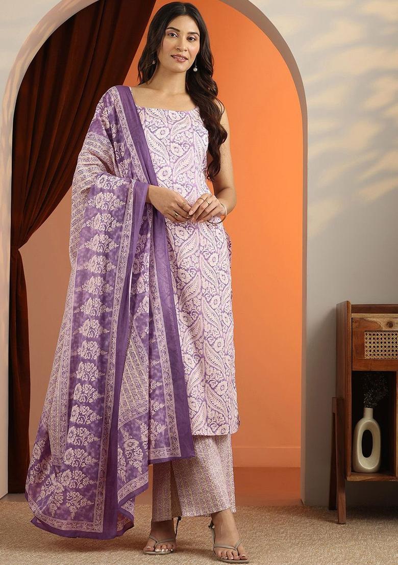 Purple Printed Cotton Straight Kurta Sets - Indya