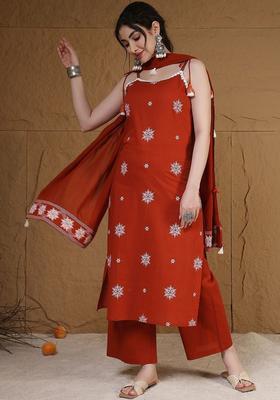 Red Embroidered Viscose Straight Kurta Sets