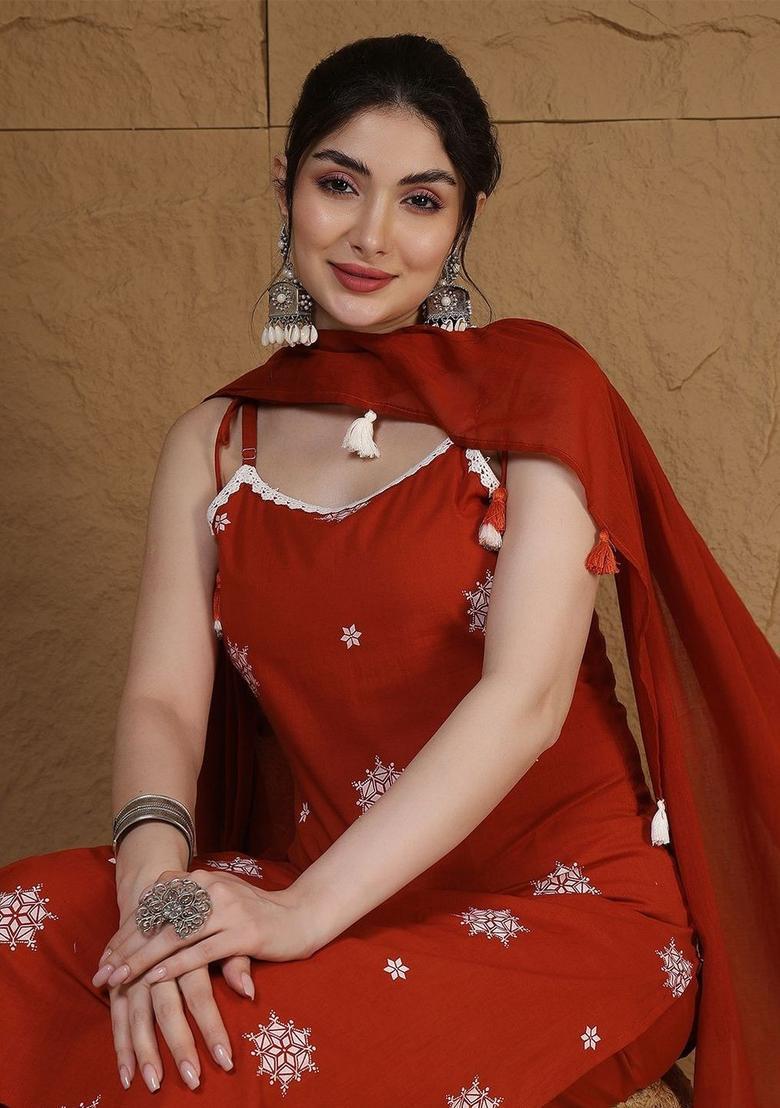 Red Embroidered Viscose Straight Kurta Sets - Indya