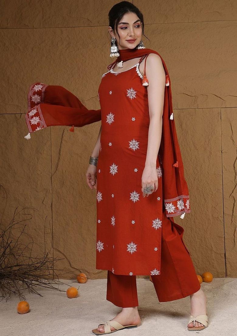 Red Embroidered Viscose Straight Kurta Sets - Indya