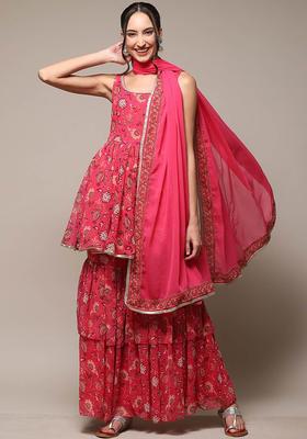 Fuchsia Printed Georgette A Line Kurta Sets
