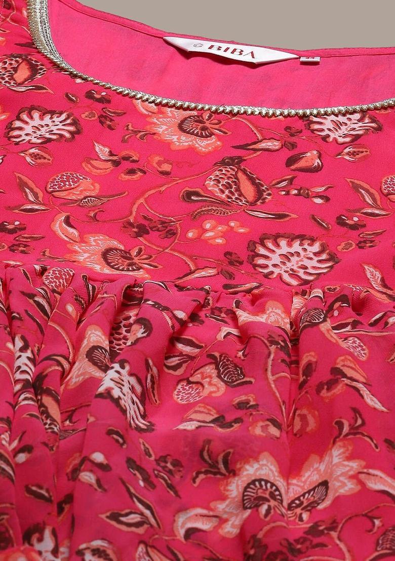 Fuchsia Printed Georgette A Line Kurta Sets - Indya