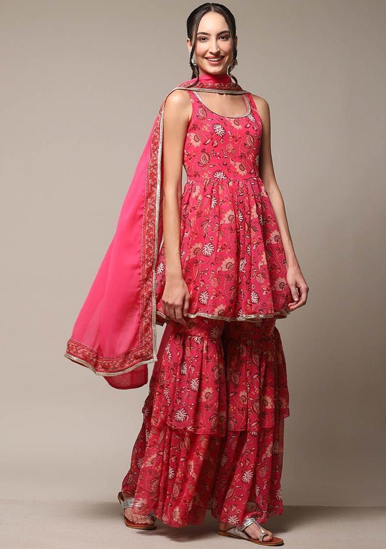 Fuchsia Printed Georgette A Line Kurta Sets - Indya