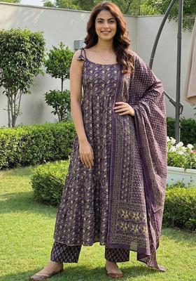 Purple Printed Cotton A Line Kurta Sets
