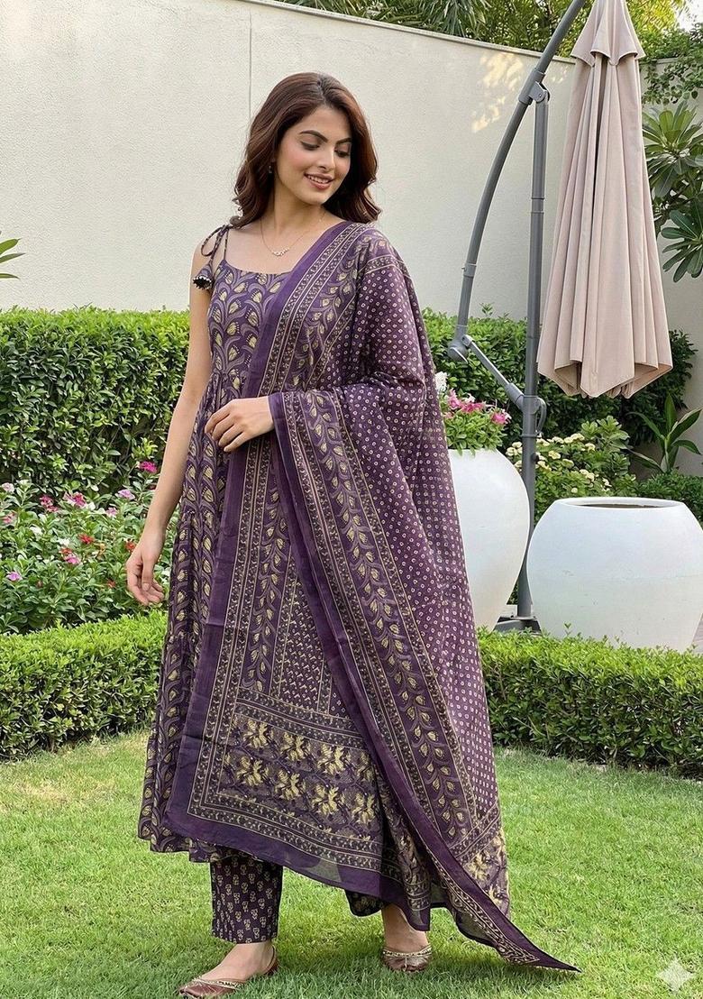 Purple Printed Cotton A Line Kurta Sets - Indya