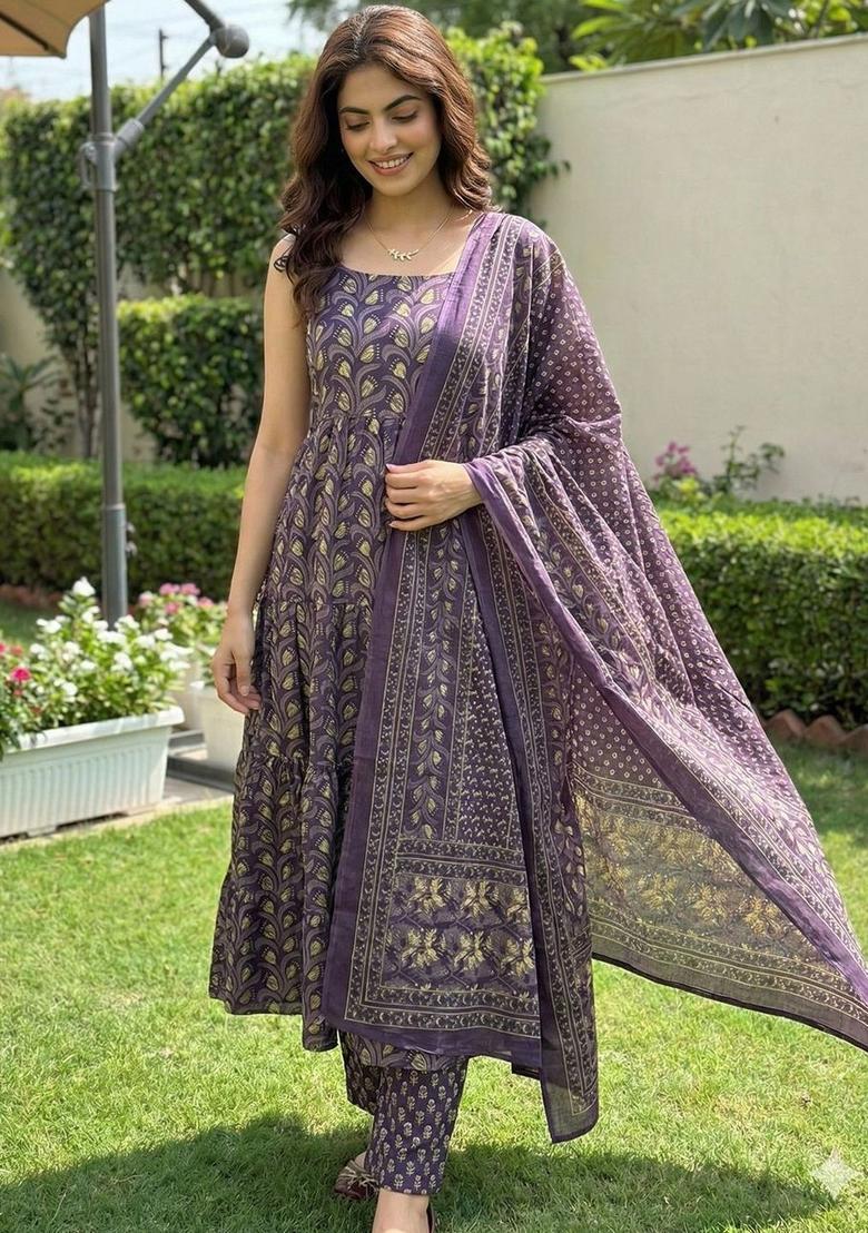 Purple Printed Cotton A Line Kurta Sets - Indya