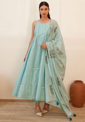 Teal Striped Cotton Anarkali Sets
