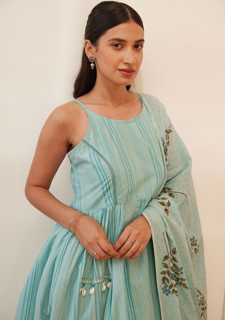 Teal Striped Cotton Anarkali Sets - Indya