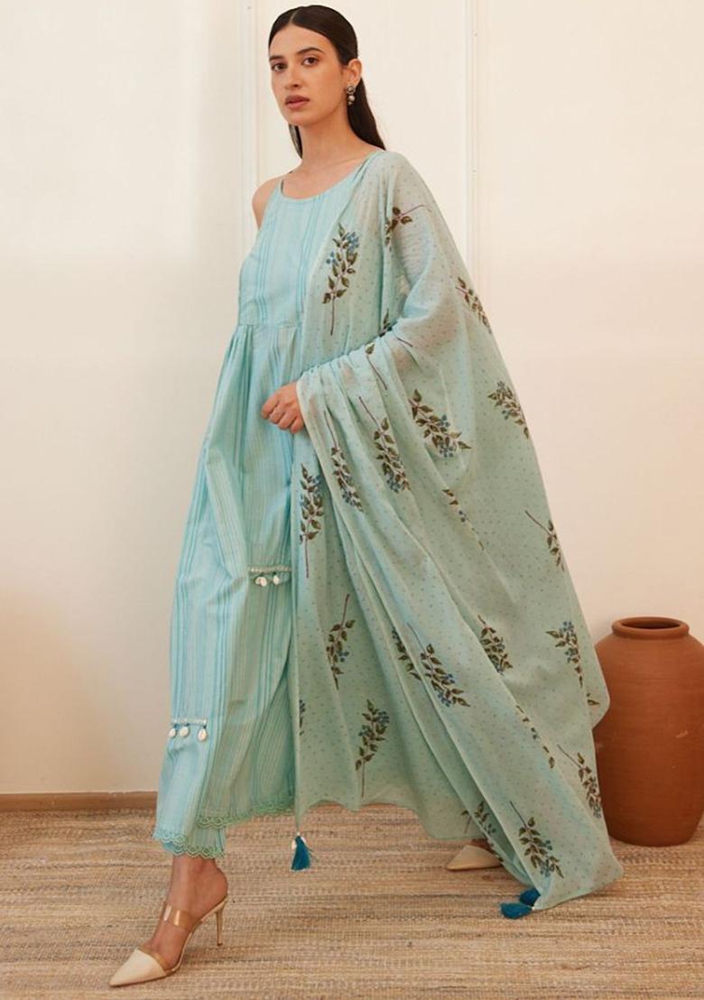 Teal Striped Cotton Anarkali Sets - Indya